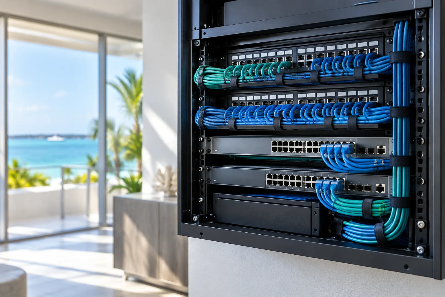 Illustrative network rack with neatly organized switches and cabling in a coastal setting
